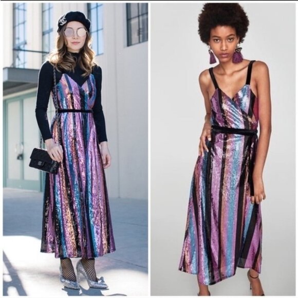 Zara Multicolor Striped Sequin Midi Dress - Picture 1 of 14